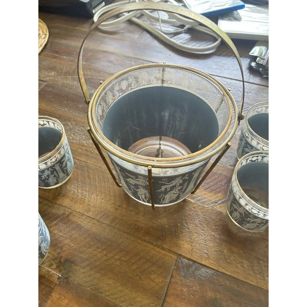 Vintage Greek Key Ice Bucket & 6 Rocks Glasses Grecian Gods MCM Barware Set